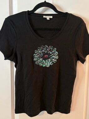 Bellessa Black Short Sleeve Tee with 3D Iridescent Sequin Flower appliqué